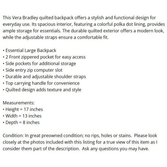 Vera Bradley Essential Large Backpack Gray Quilted Polka Dot Lining Zip Pockets - Picture 16 of 16